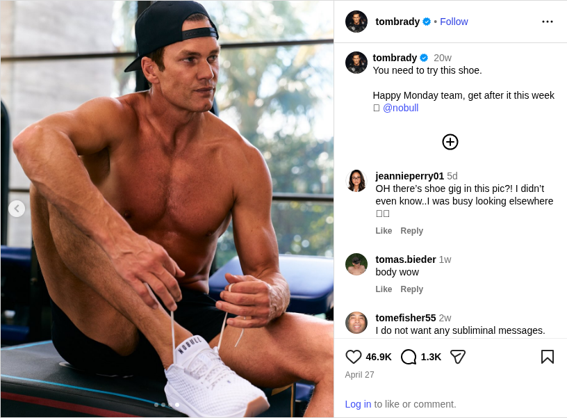 Complete Instagram post from Tom Brady showing him lacing his trainers in the gym