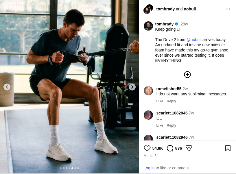 Complete Instagram post from Tom Brady showing him performing cable work in the gym