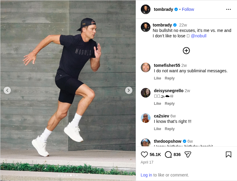 Complete Instagram post from Tom Brady showing him sprinting in NOBULL training gear