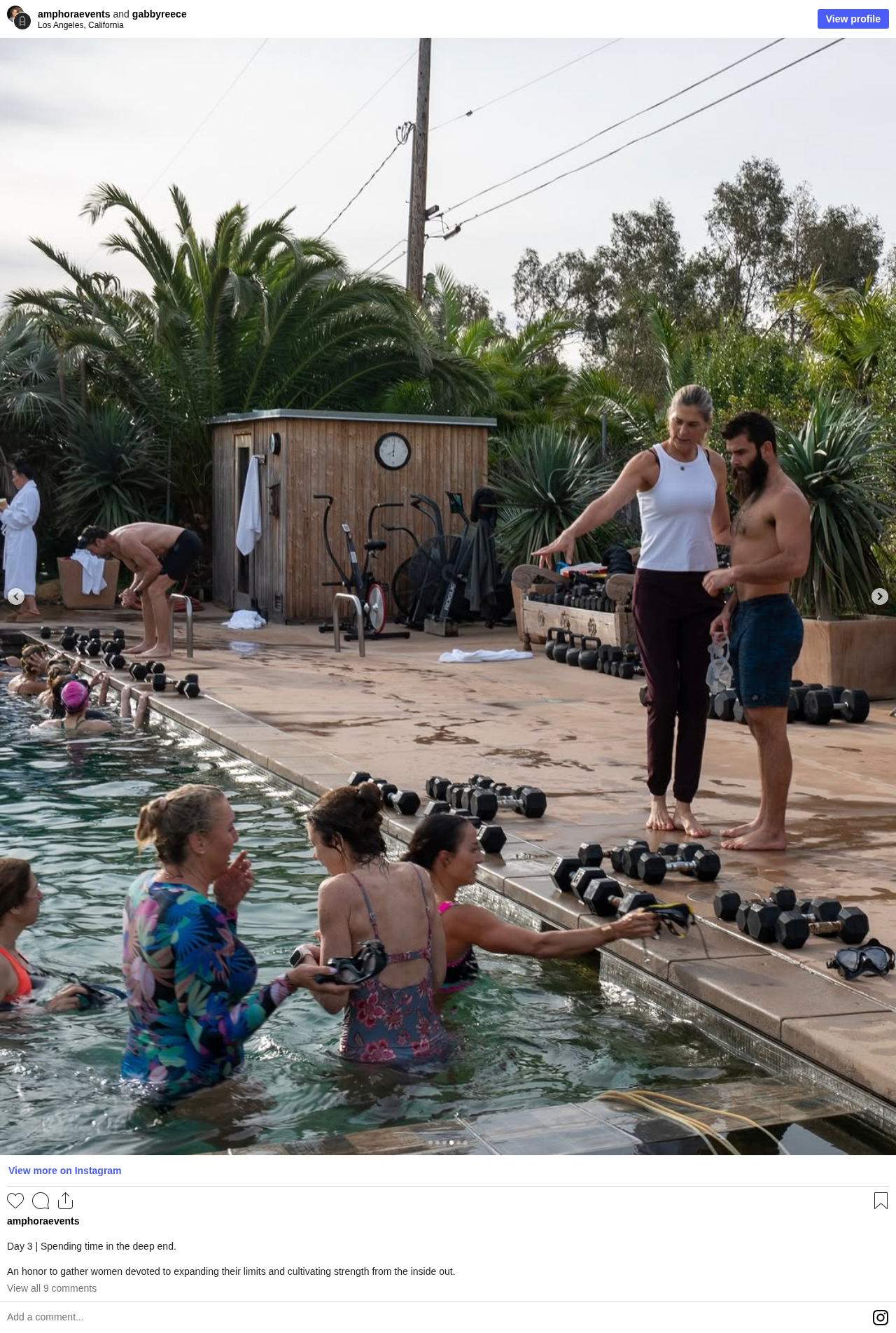 Complete Instagram post showing the selected fourth carousel photo from Gabby Reece and Laird Hamilton’s pool training