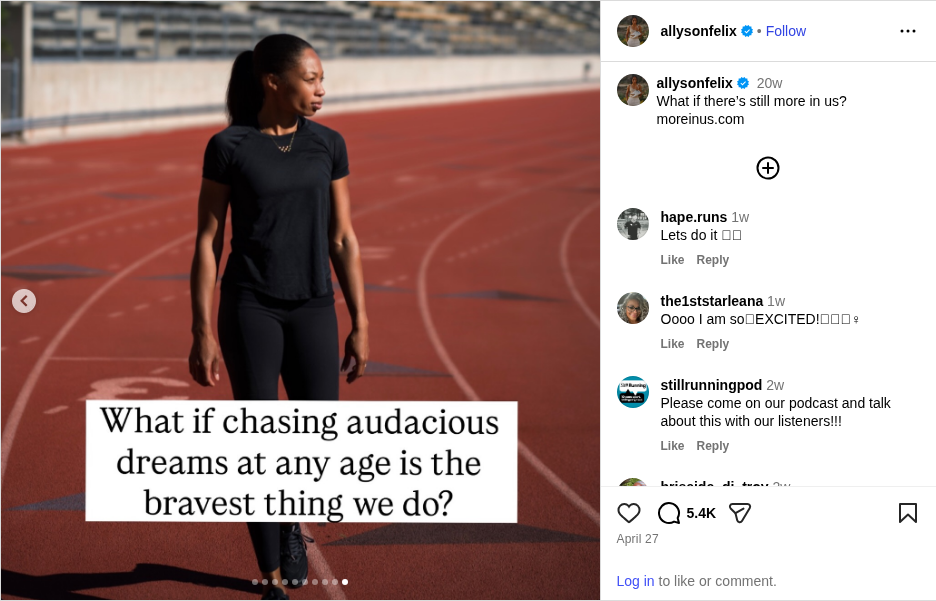 Complete Instagram post from Allyson Felix showing her training on the track