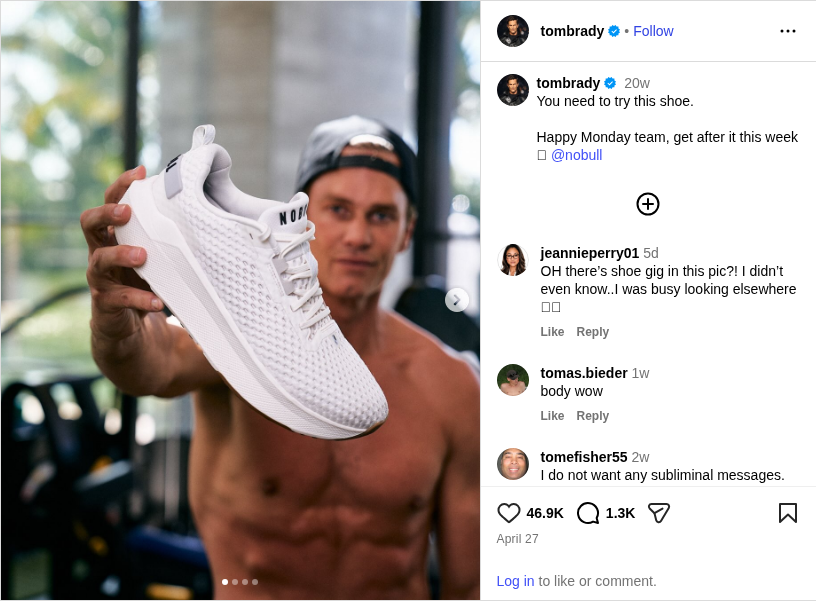 Complete Instagram post from Tom Brady showing him holding a NOBULL training shoe