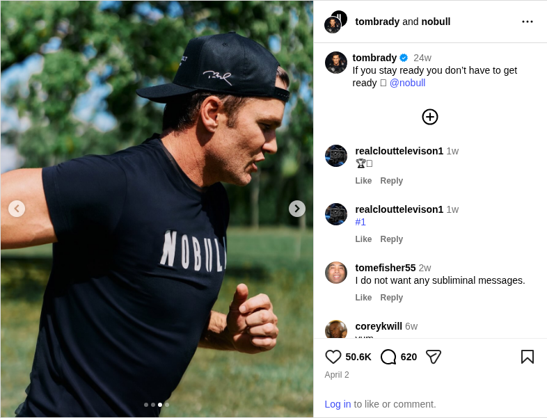 Complete Instagram post from Tom Brady showing him running outdoors in NOBULL gear
