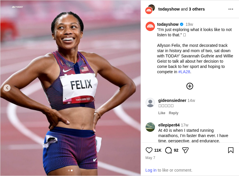 Complete Instagram post from Allyson Felix at the Olympics