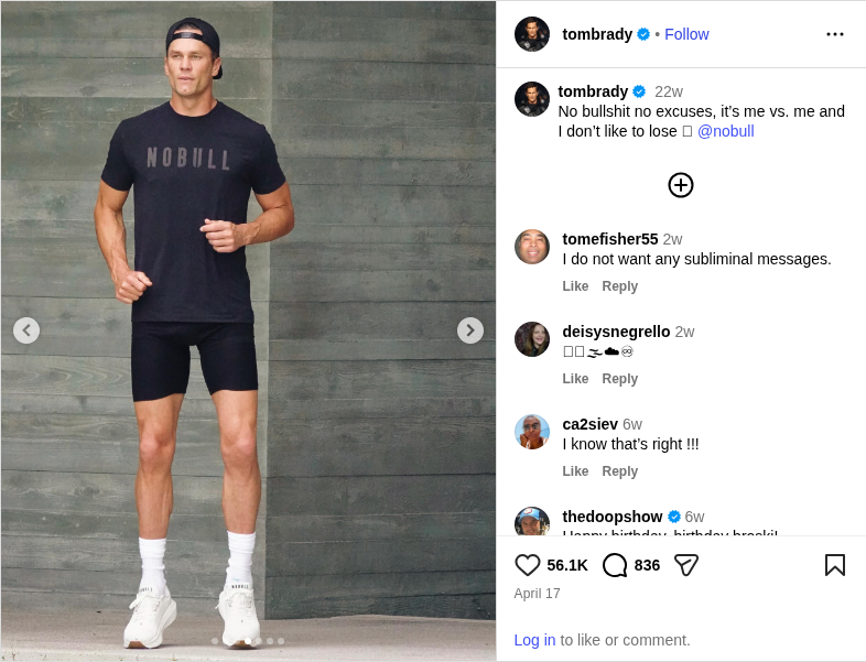 Complete Instagram post from Tom Brady showing him standing in NOBULL training gear