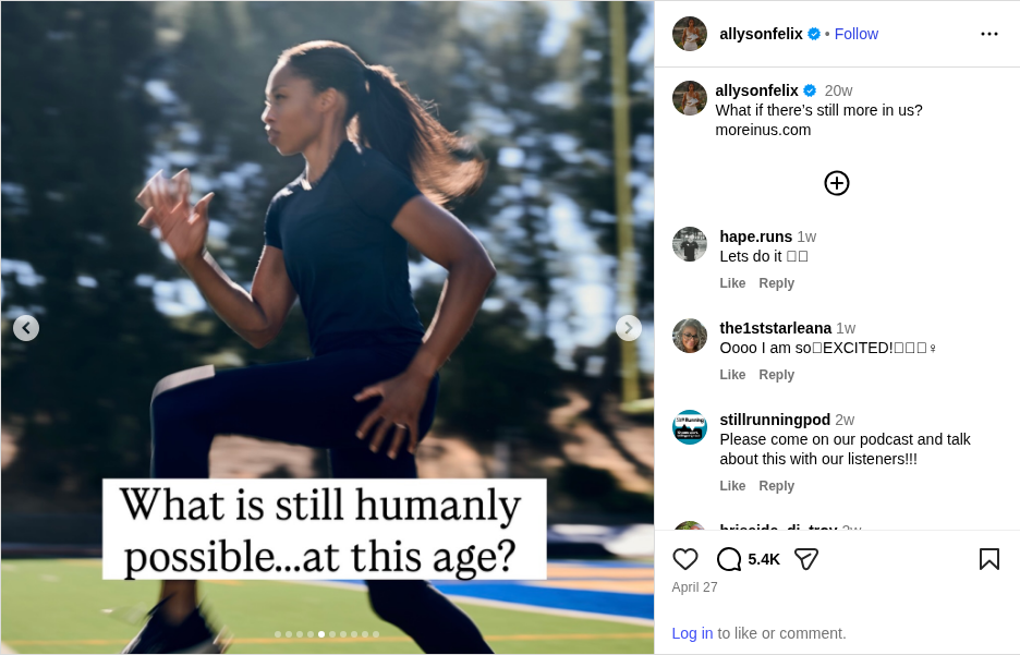 Complete Instagram post from Allyson Felix showing her sprinting on the track