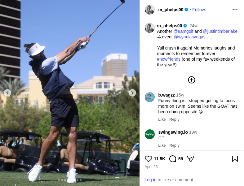 Complete Instagram post from Michael Phelps showing his golf swing
