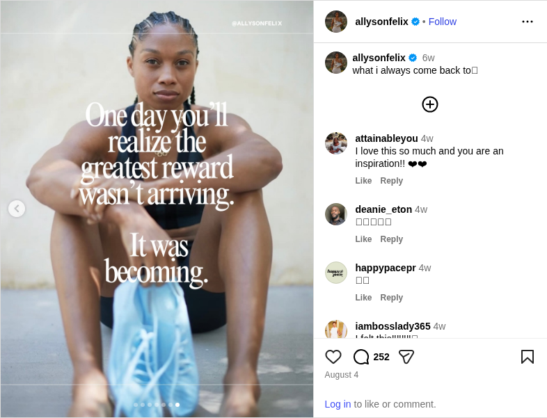 Complete Instagram post from Allyson Felix during her comeback training