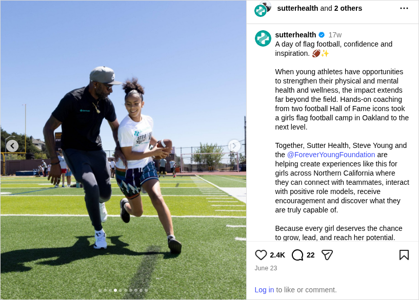 Complete Instagram post from Sutter Health showing Jerry Rice coaching at a girls flag football camp