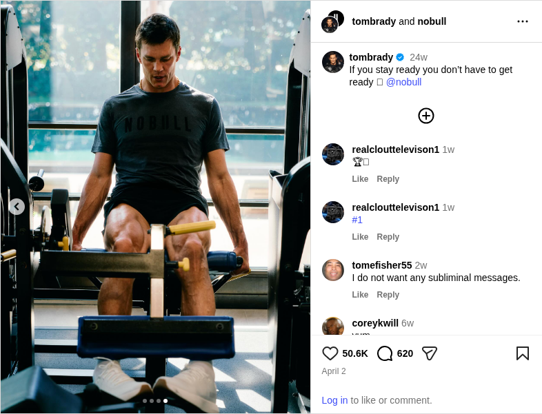Complete Instagram post from Tom Brady showing him training on a leg machine