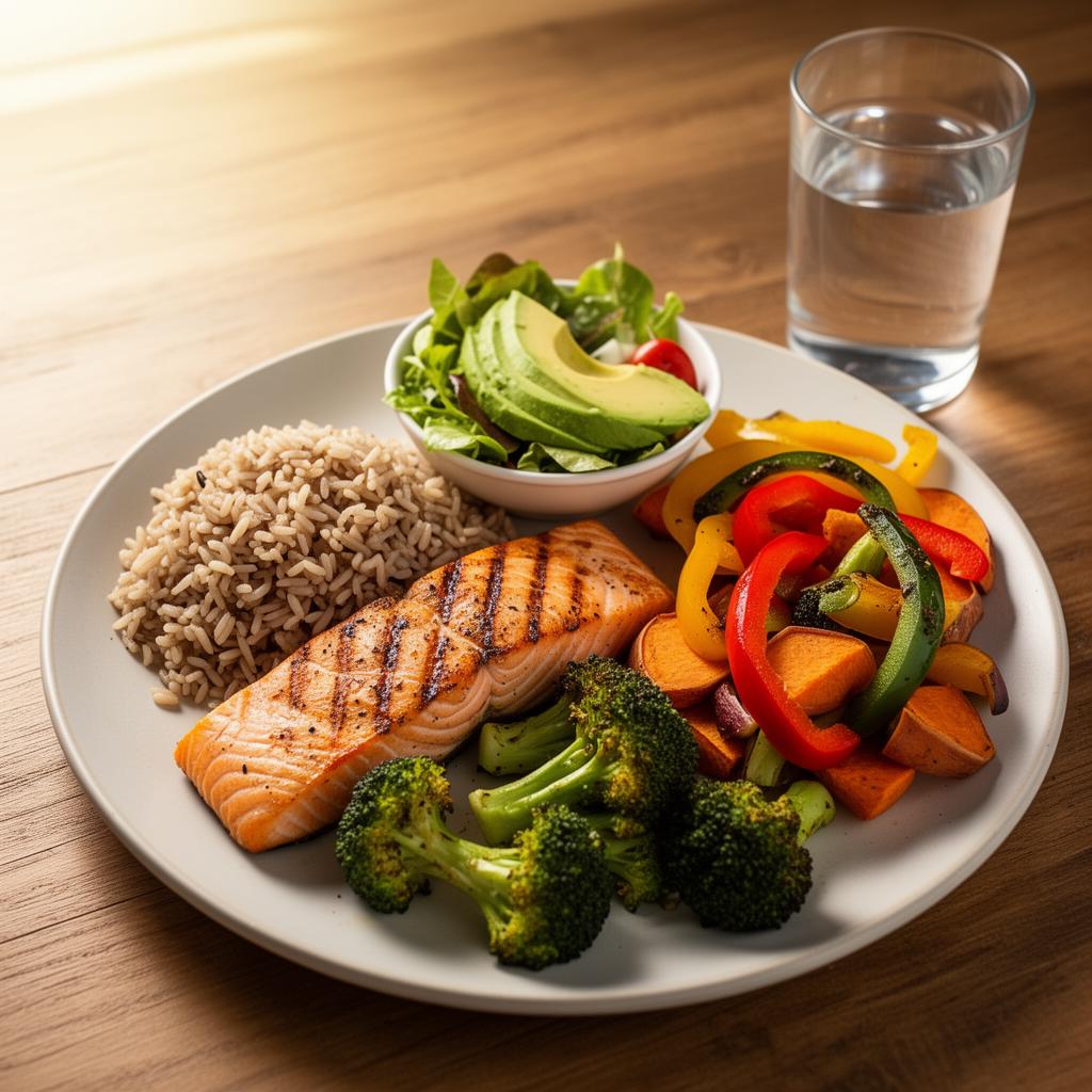 Balanced post-athlete plate: grilled salmon, brown rice, roasted vegetables, salad with avocado, and water