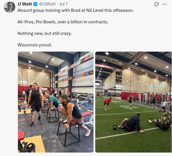 JJ Watt's post about group training with Brad Arnett at NX Level